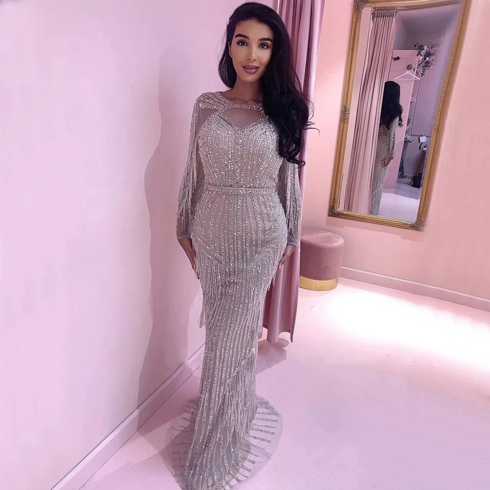 Hot sale Silver Muslim Luxury Evening Dresses Gowns 2023 Mermaid Beaded Tassel Elegant For Woman Party LA71166 With Best Price