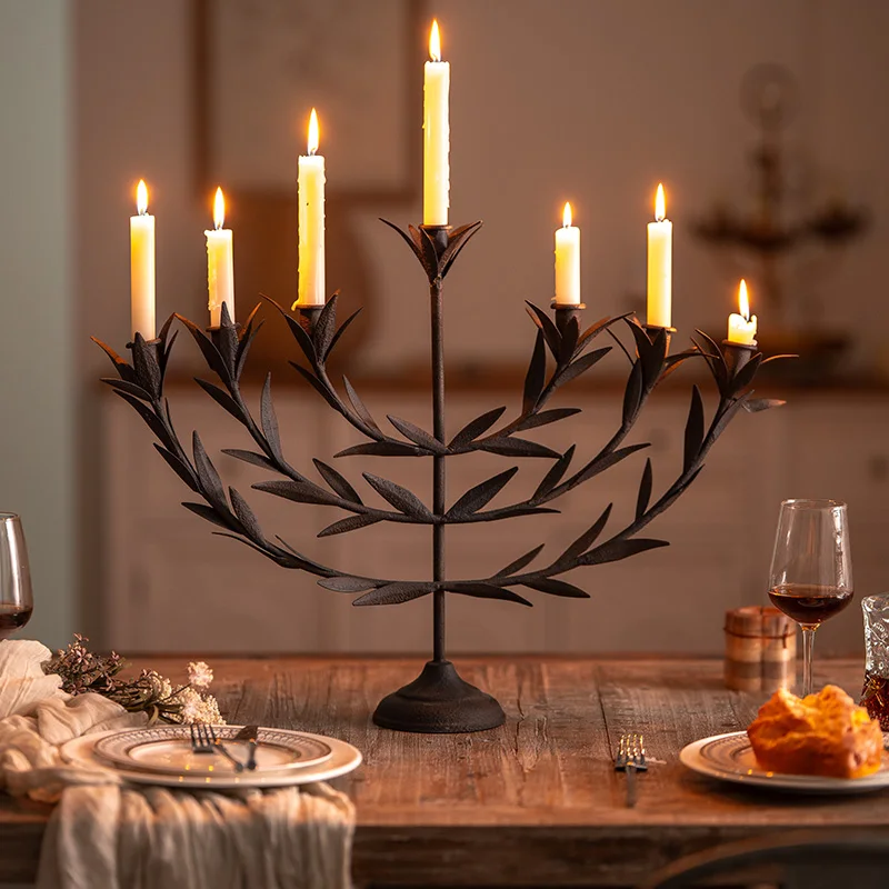 

Elegant Olive Leaf 7-Candle Holder, Black Metal Taper Candelabra, Table Centerpiece, Wedding Home Decor, 60cm Wide