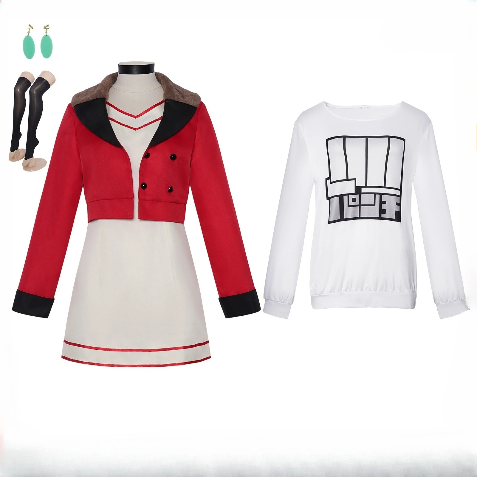 

Anime Women Cosplay Costume Full Set Red Suit Jacket Uniform Knitted Dress for Adults Christmas Halloween Party