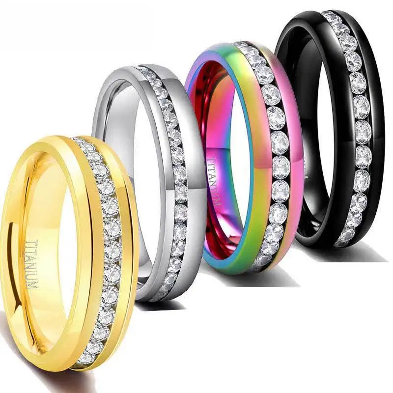 

Pure titanium steel thin band fully set with diamonds, 7mm wide, pure titanium zircon couple & women's ring, luxury light jewelr
