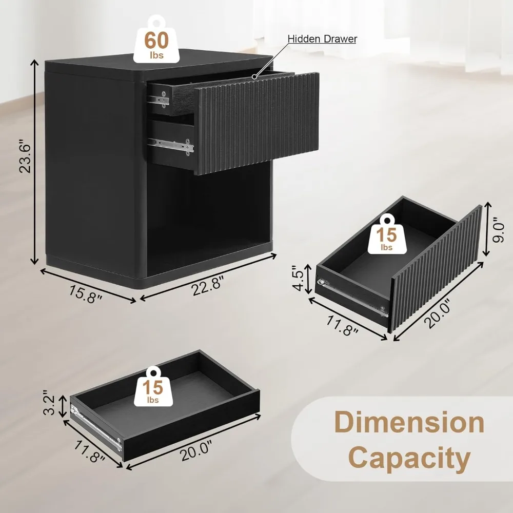 مجموعة من طاولات ليلية حديثة لمنتصف القرن مكونة من قطعتين، طاولات ليلية كبيرة سوداء مع أدراج مخفية وأرفف مفتوحة، تصميم منحني