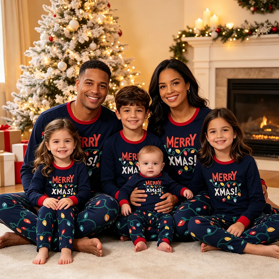 New Merry Xmas Graphic Family Matching Pajamas for Whole Family Comfortable Nightwear Mom Dad Son Daughter Infant Pajama Outfits