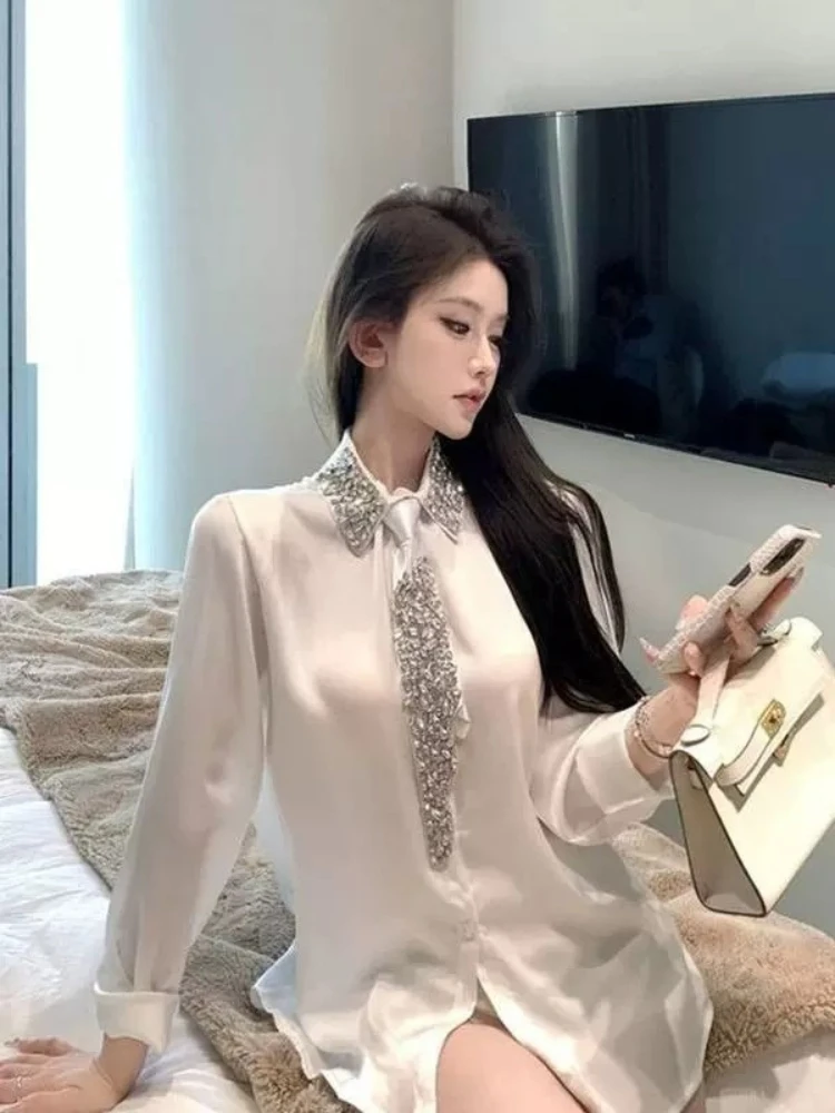 Perfect Satin Shirt With Luxurious Rhinestone Beading And Loose Cut For Autumn Winter Socialite Chic Plus Long Tie Top Elegance
