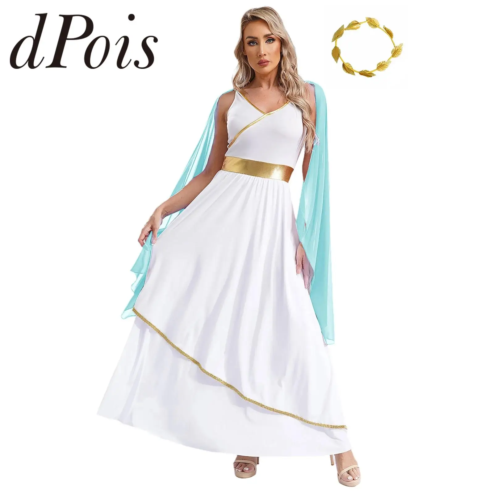 Womens Greece Gown Cosplay Ancient Greek Roman Queen Costumes Gold Trims Toga Dress Femme Performance Praise Dance Worship Robe