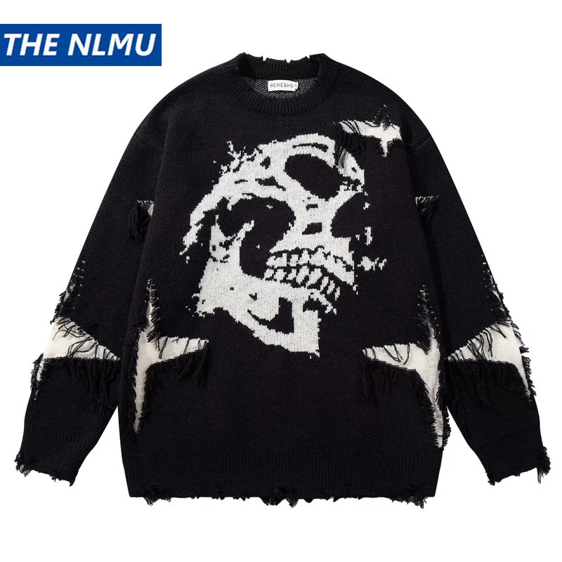 

Мужской винтажный потертый свитер в стиле ретро, вязаный пуловер с рисунком черепа в готическом стиле, в стиле панк, гранж, вязаный джемпер