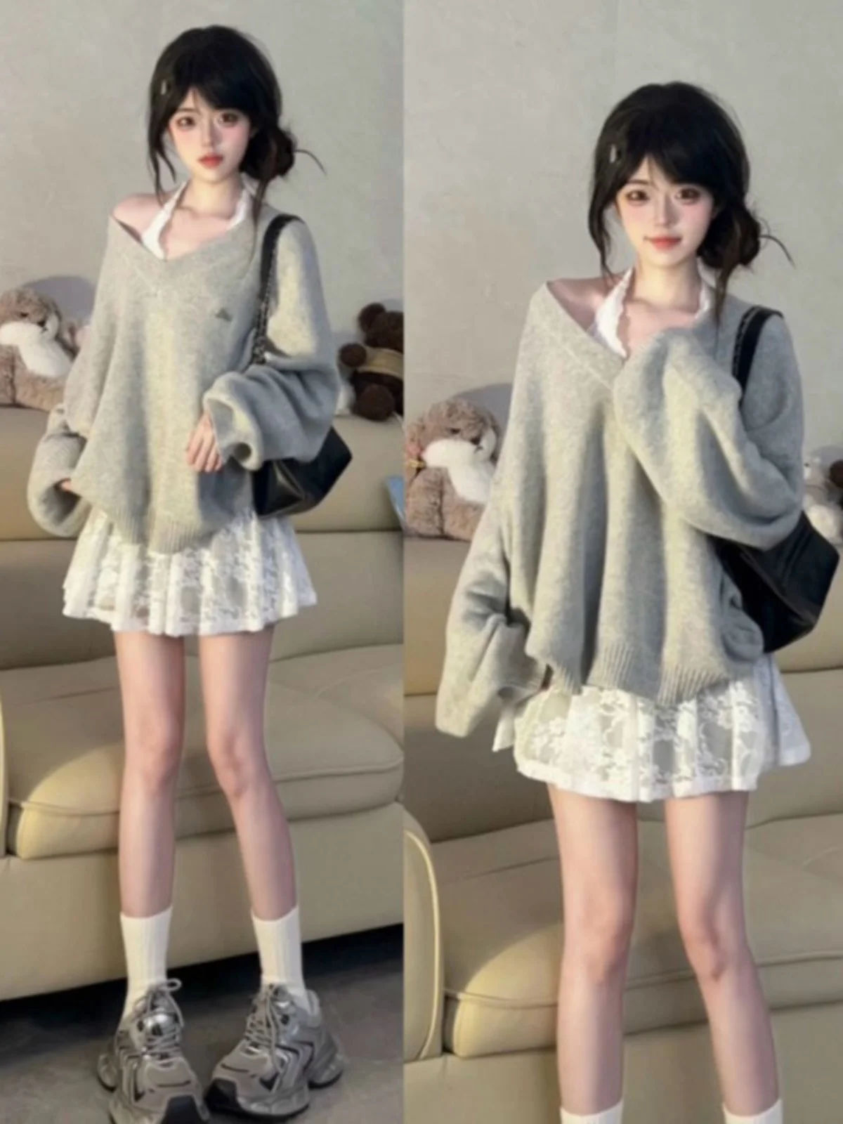 

Chic Sweet And Spicy Pure Desire Style Two-Piece Set Hanging Neck Design Comfortable Cotton Material V-Neck Sweater Short Skirt