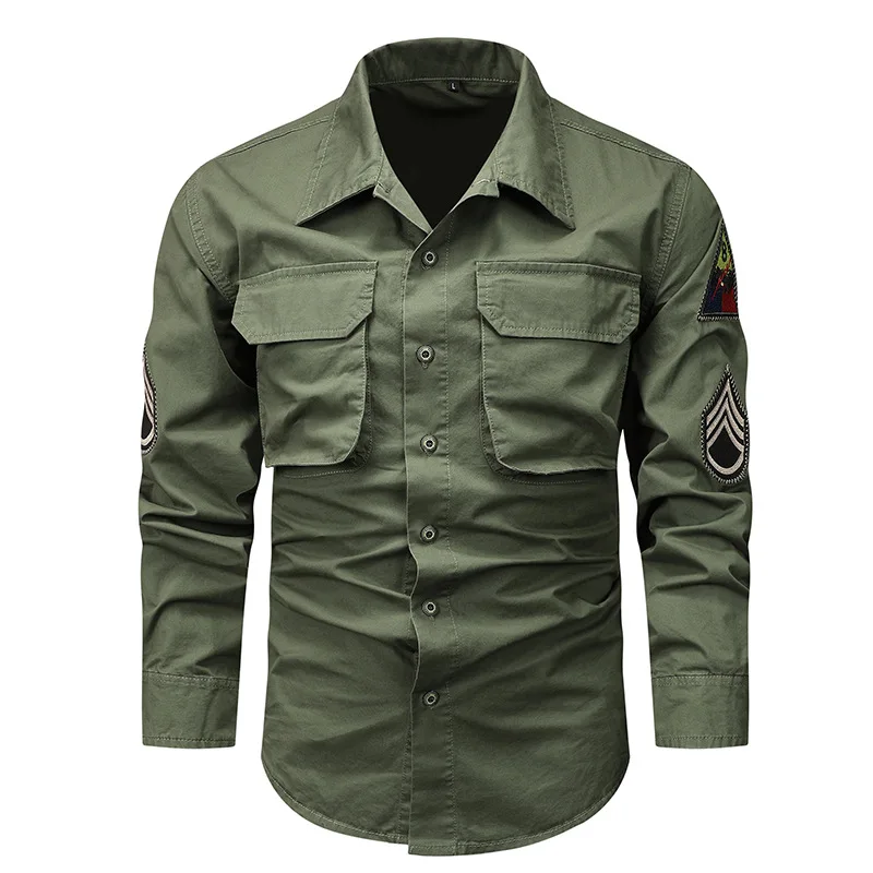 Men Outdoor Long Sleeved Cargo Shirts High Quality Man Multi Pockets Loose Tooling Shirts New Spring Male Cotton Shirts Size 5XL