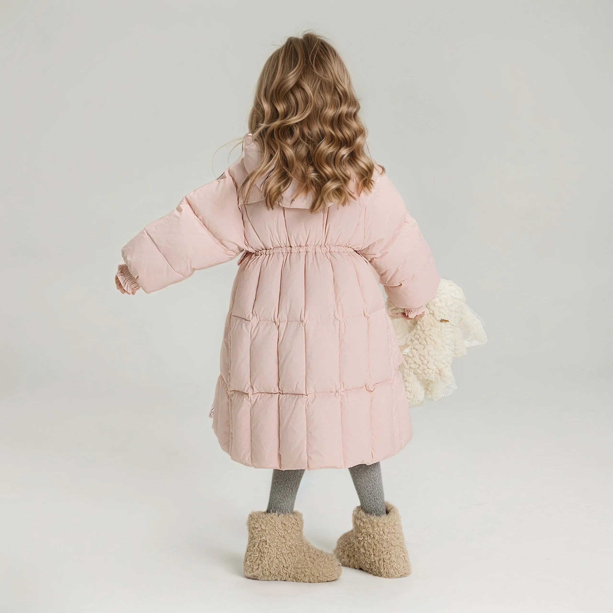 2025 Winter New Solid Color Long Down Jacket Winter Clothing Design Sense Girls' Lace Hooded Casual Warm Coat 120-160CM