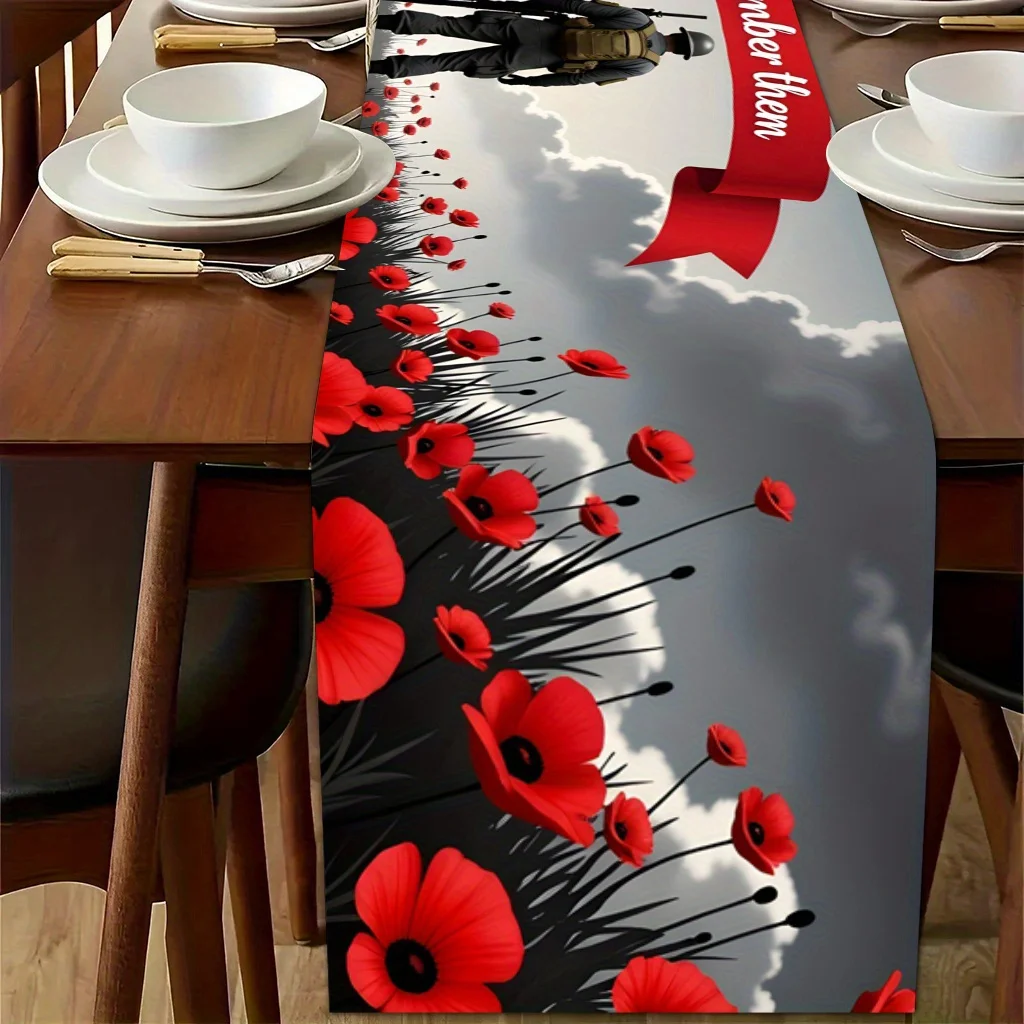 2D Flat Printed Table Runner 1pc, Remember Them, Bright Polyester Fabric, Holiday Tablecloth, Suitable For Kitchen And Restauran