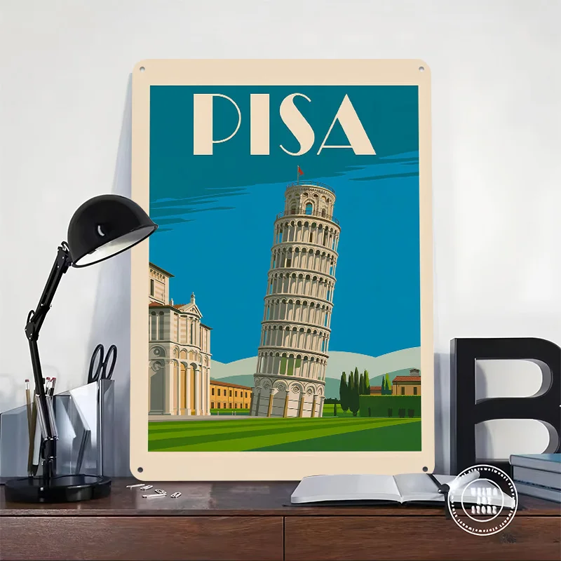 Leaning Tower of Pisa Travel Tinplate Poster Custom Wall Art Vintage Metal Signs Retro Tin Plaque for Home Decor Items Wand Deko