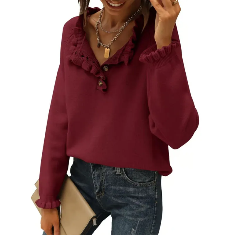 

Women's Sweaters Fall Winter Clothes 2025 Long Sleeve Button down Ruffle Crew Neck Casual Knitted Pullover Tops
