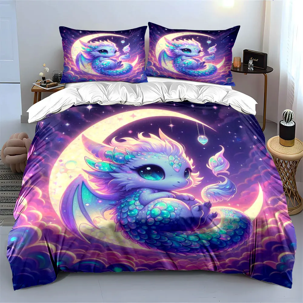 Dreamy Cute Dragon and Crescent Moon Duvet Cover Set with 3D Printing Design Soft Polyester Bedding Set All-Season Comfort