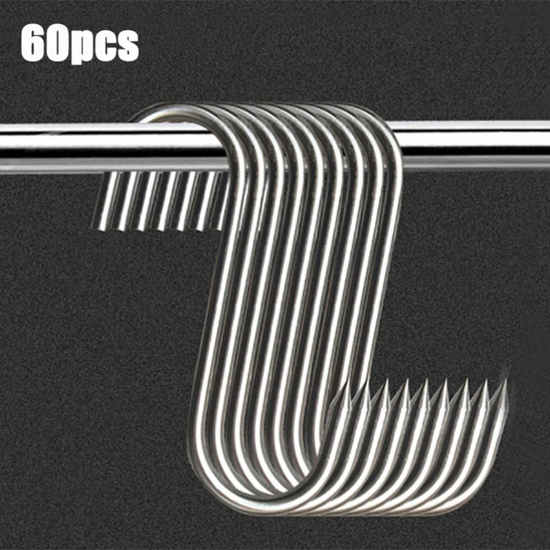 60 قطعة خطاف من الفولاذ المقاوم للصدأ، جهاز شماعة اللحوم، خطاف معلق للمطبخ، تجفيف الهواء، الخبز، أدوات الشوي