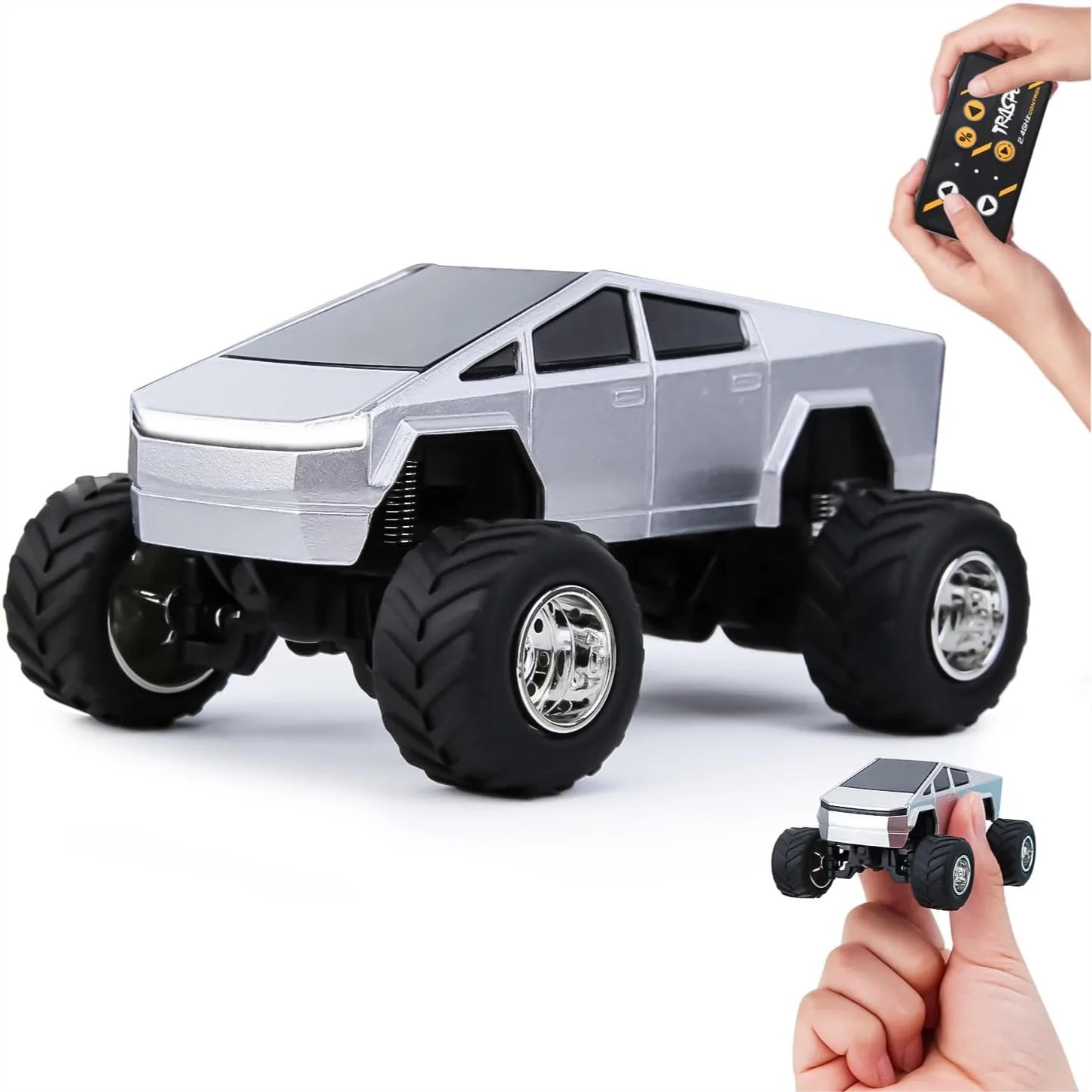 

Миниатюрный радиоуправляемый грузовик, масштаб 1:64, монстр-трак со светом, управлением 2,4 ГГц и через приложение, перезаряжаемый, с корпусом из сплава, регулируемой скоростью и управлением рулем