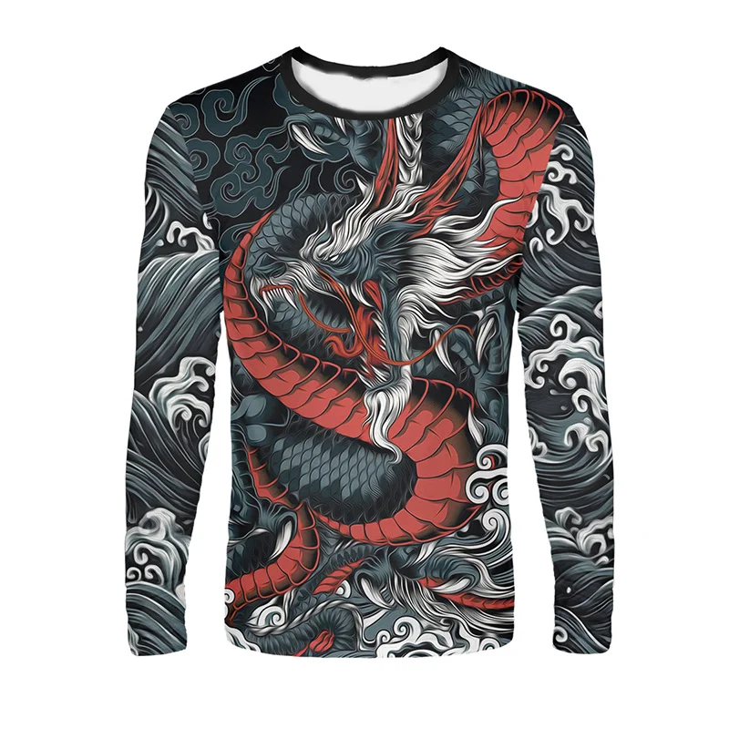 3D Printed Retro Chinese Loong T Shirt For Men Cool Dragon Pattern Tees Autumn Casual O-Neck Tops Loose Long Sleeve T-Shirts