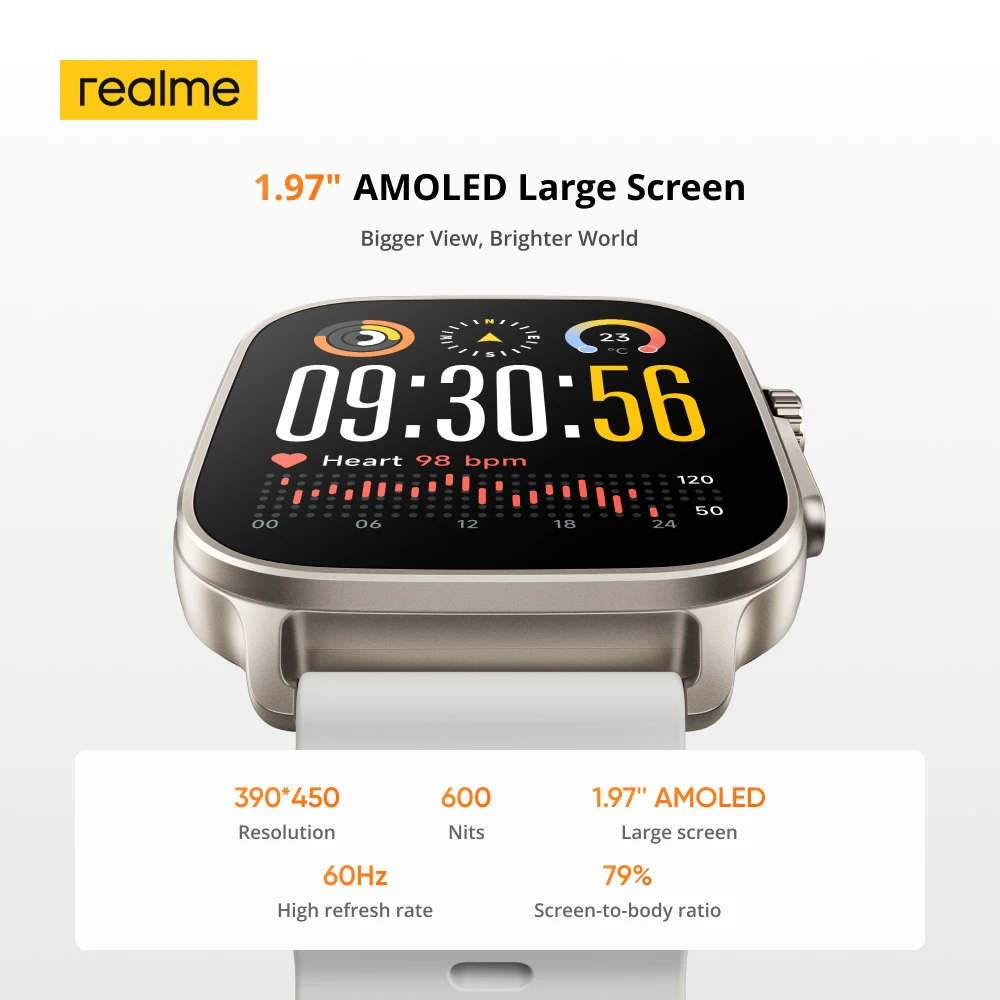 ساعة Realme 5 الذكية الإصدار العالمي 1.97 بوصة شاشة AMOLED لمراقبة الرياضة والصحة عمر البطارية لمدة 14 يومًا IP68 بلوتوث 5.3