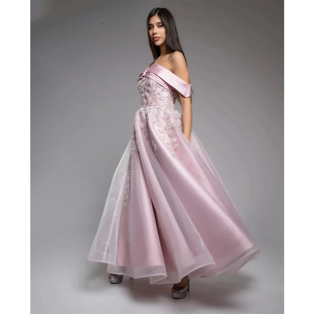 

Elegant Pink Women Prom Dresses A-Line Floor Length Strapless Off the Shoulder Fancy Flowers Shiny Female Evening Party Gowns