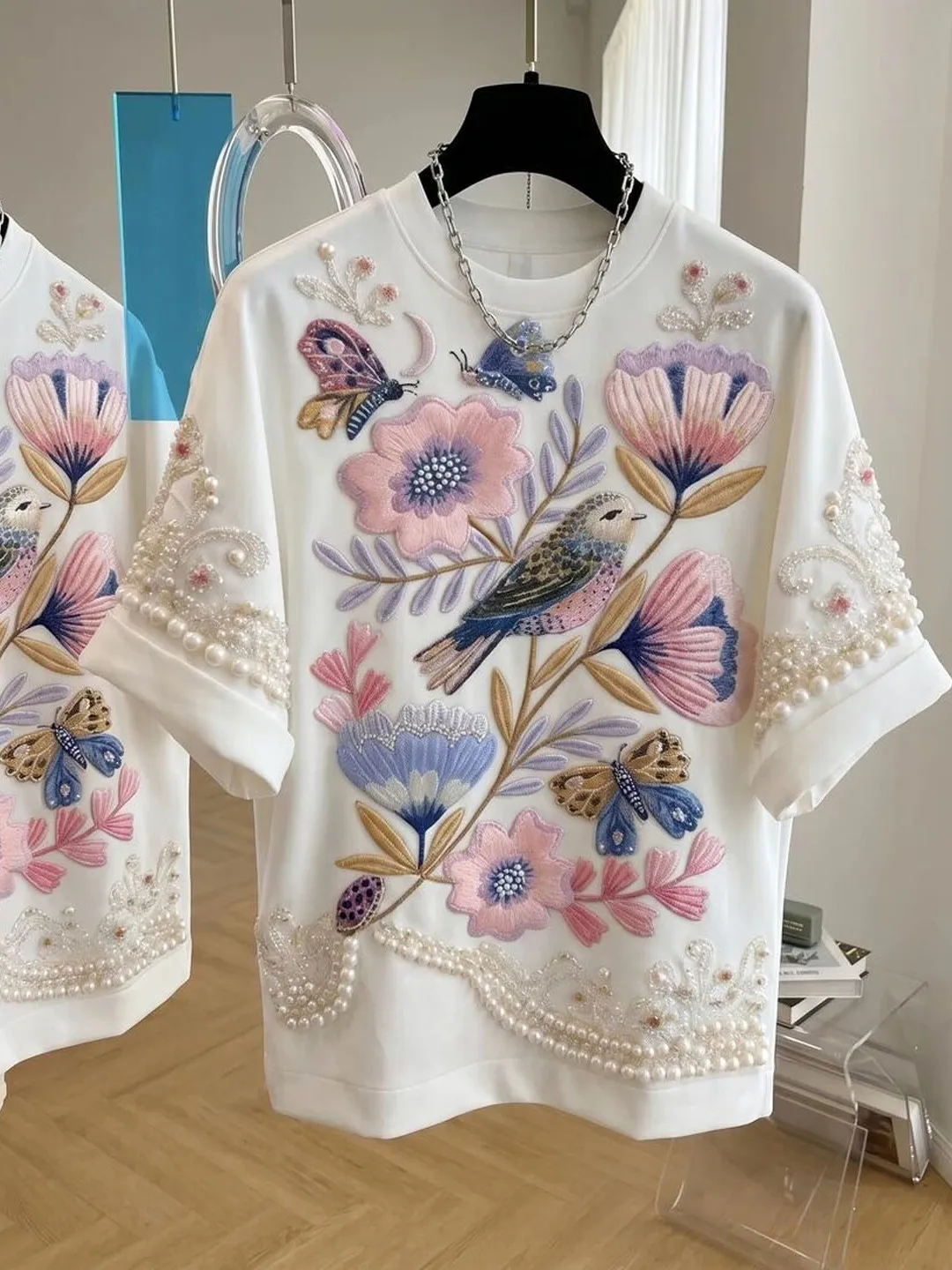 Elegant Floral And Bird Short Sleeve T-Shirt Versatile Summer Top for Women Korean Style Commute Fashion Anti-Dirt Regular Fit