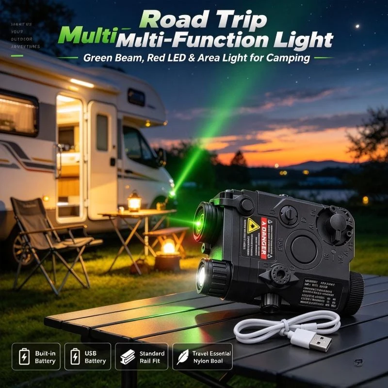 Nylon Multifunction Lighting Module with Green Beam, Red LED, Built-in Battery, Standard Rail Mount, Outdoor Camping Tool