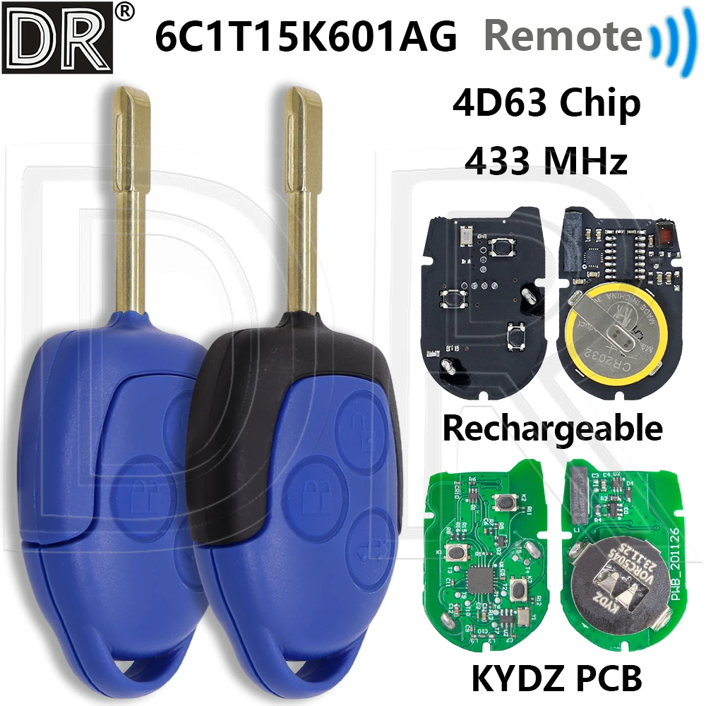 Great 6C1T-15K601-AG 4D63 Chip 433MHz KYDZ Or Rechargeable PCB FO21 Blade Car Remote Key For Ford Transit WM VM 2006-2014