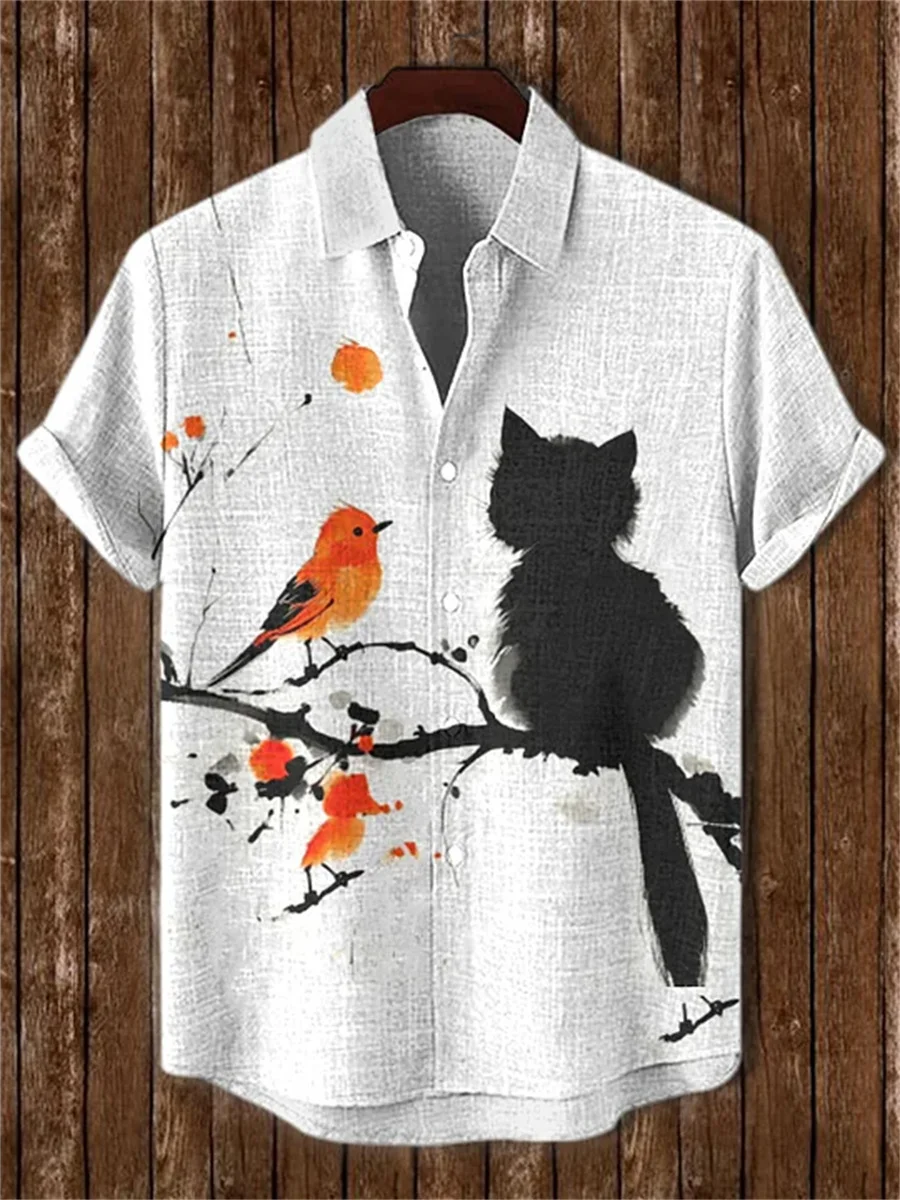 Men's short-sleeved shirt, loose-fitting, casual, breathable men's top with bird and cat print, outdoor casual Hawaiian shirt.