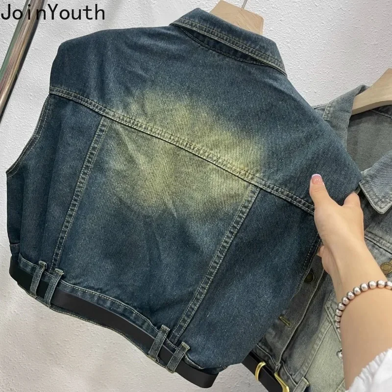 Vintage Sleeveless Women Denim Vest Jackets 2023 Ropa Mujer Fashion Streetwear Waistcoat Crop Tops Casual Fashion Tanks 7m017