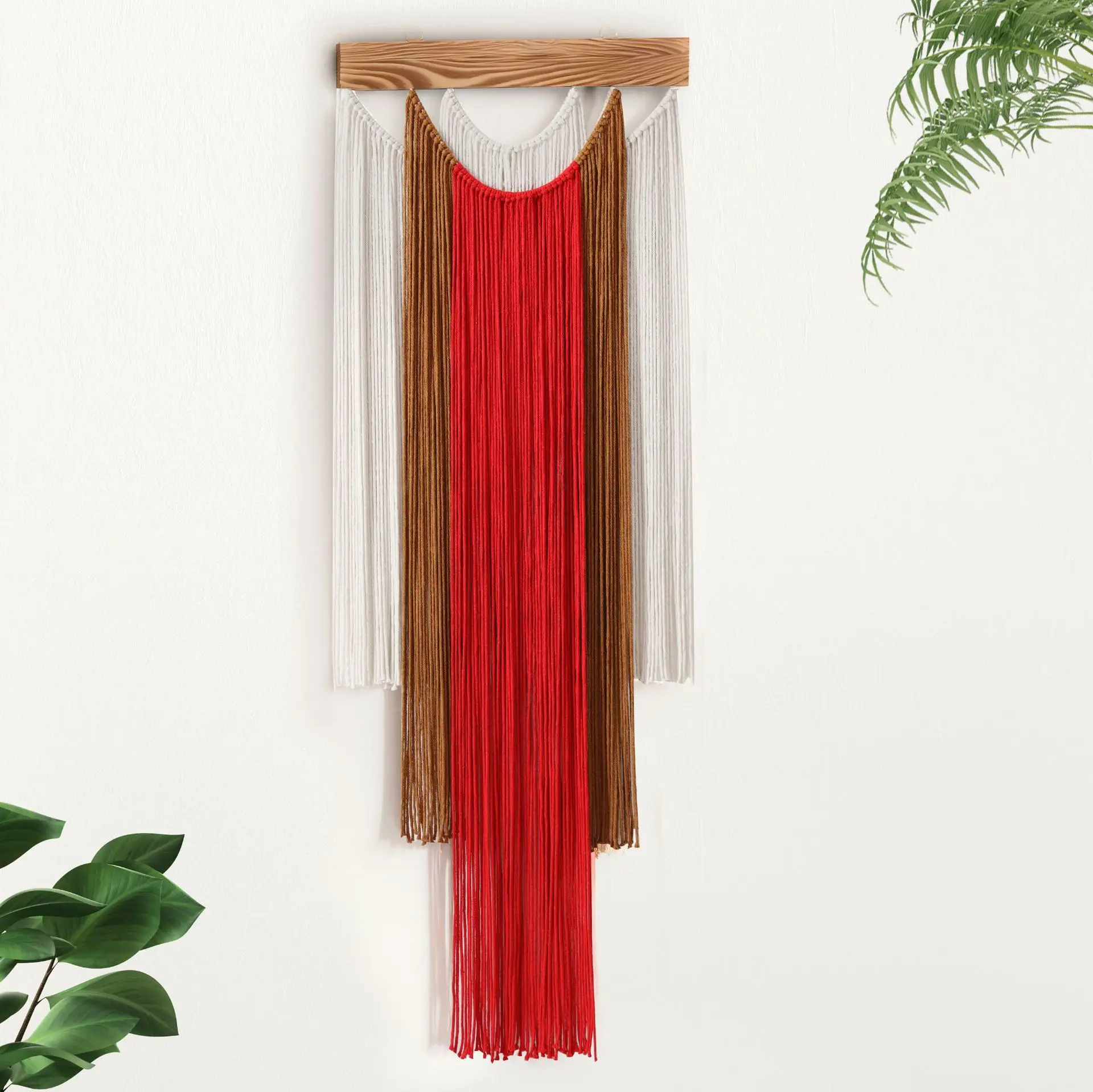 Two Tone Green Macrame Wall Hanging, Wooden Bar Fringe Tapestry, Boho Tassel Wall Decor for Bedroom Living Room