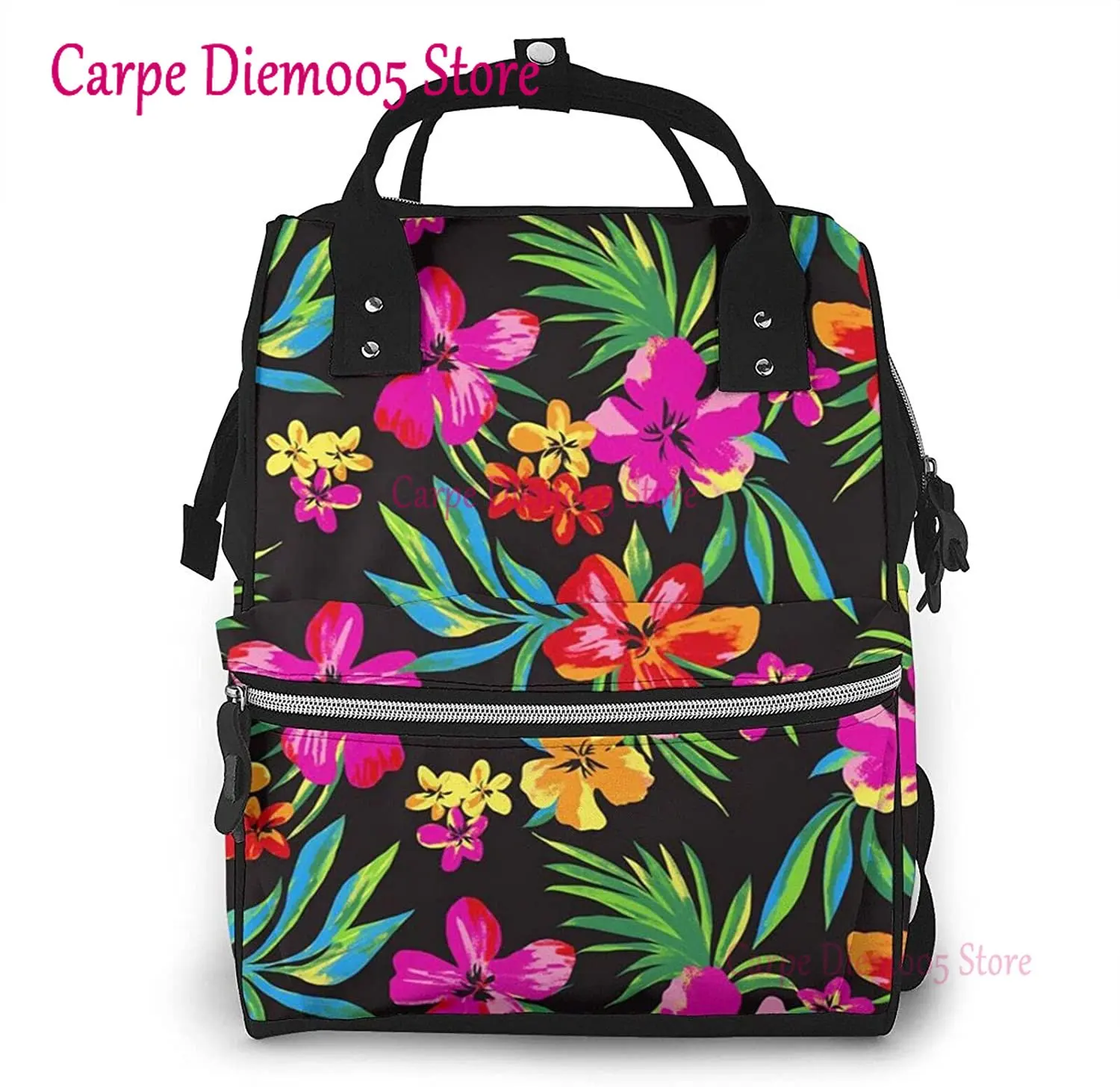 Hawaiian Colorful Flower Printed Mummy Backpack Diaper Bag Multi-Function Maternity Nappy Bags, Kid Bag with Laptop Pocket