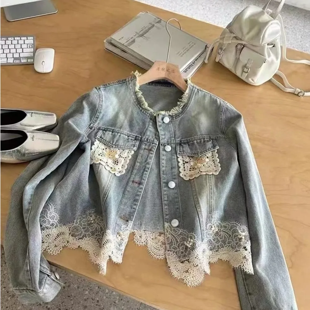 

Lace Patchwork Denim Jacket For Women Coats Spring 2025 New Loose Korean Style Lazy Style Chic New Short Top Fringe Jeans