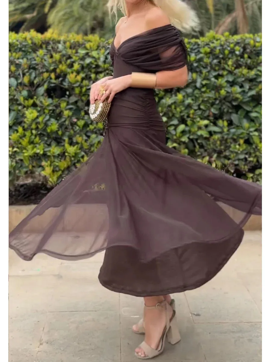 Elegante midi-jurk met bloemenprint, groene off-shoulder jurken, avondjurk, bruiloftsgast, zomervakantie, nieuwe strandzonsopgang