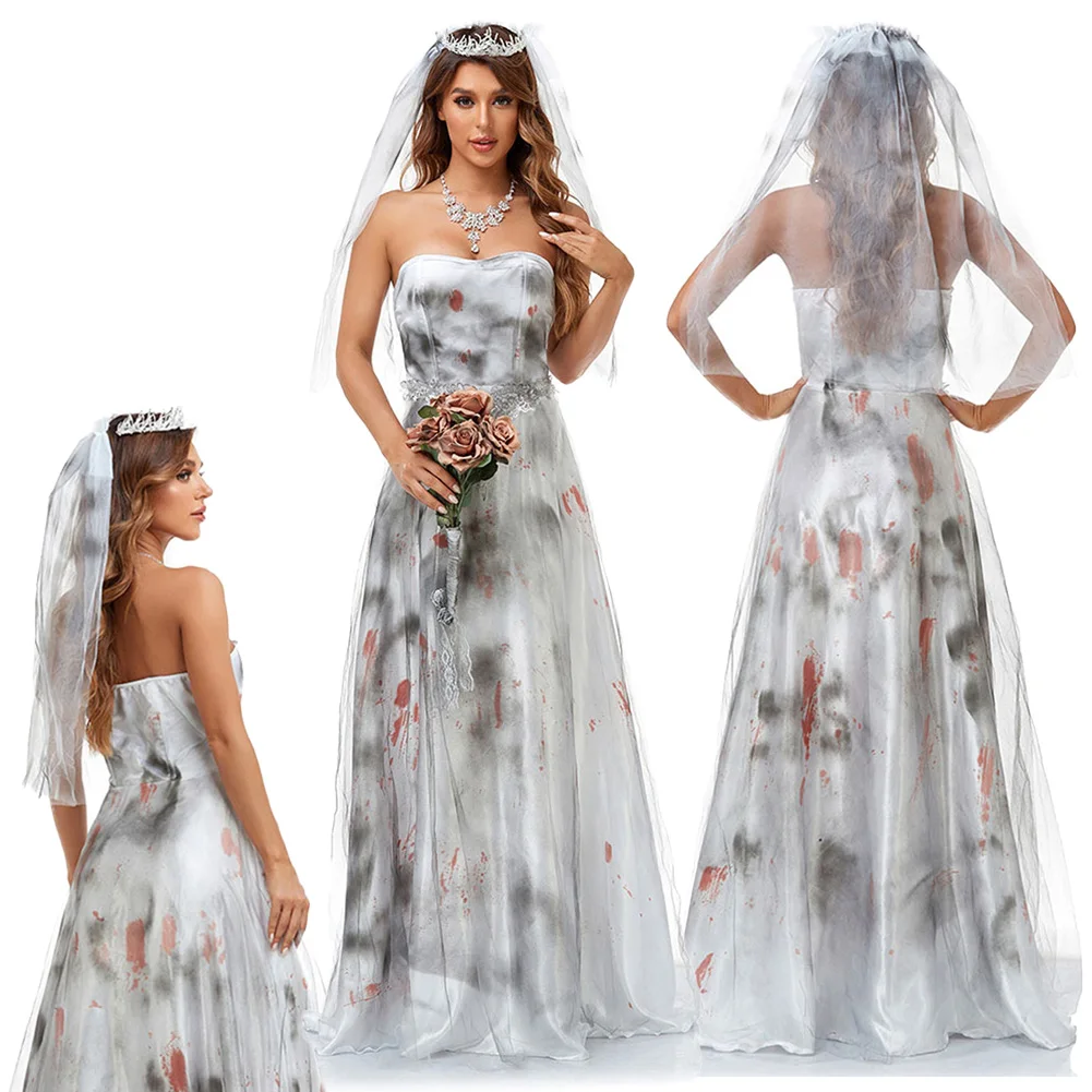 

Women Ghost Bride Cosplay Costume Female Roleplay Veil Dress Outfits Headdress Fantasia Clothing Halloween Carnival Party Suits