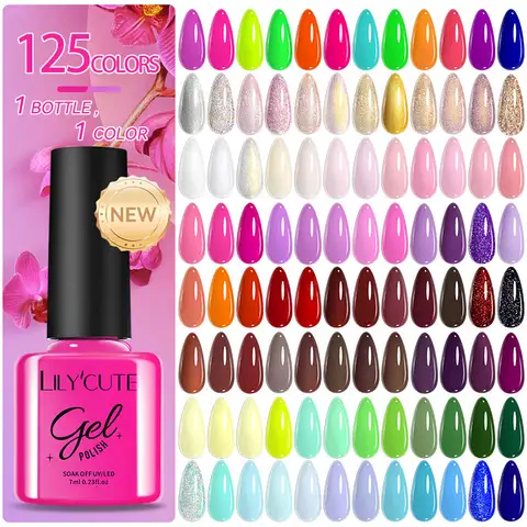 LILYCUTE 7ml 125 색 젤 매니큐어 풀 커버리지 네일 매니큐어 용 화려한 컬러 세미 퍼머넌트 젤 네일 바니쉬