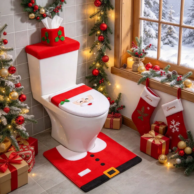 Christmas Toilet Seat Cover with Santa Claus Lid Mat and Tank Wrap for Holiday Home Bathroom Decoration Festivity Xmas Decor Set