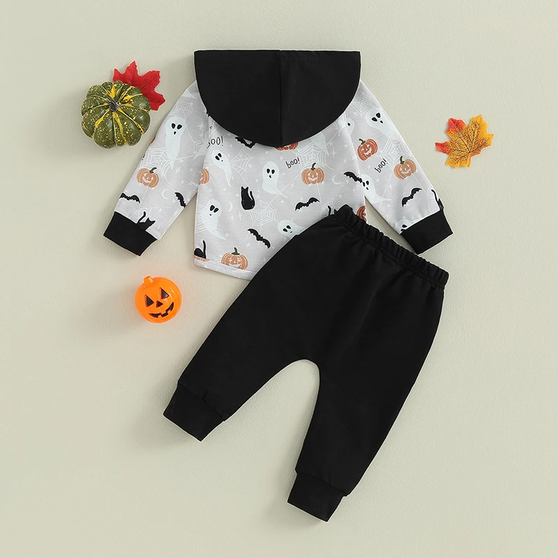 2023-07-31 Lioraitiin 0-3Years Toddler Baby Boys 2Pcs Halloween Set Long Sleeve Ghost Bat Pumpkin Print Top Sweatpants