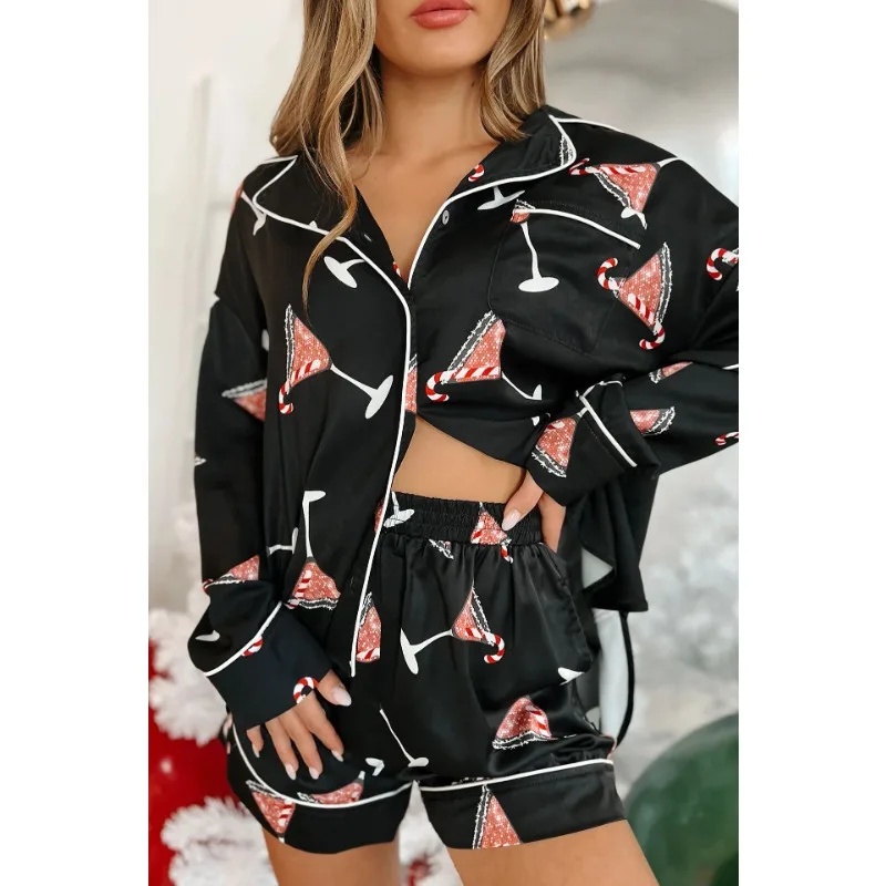 Women Christmas Printed Pajamas Home Two-Piece Suit Women Long-Sleeved Single-Breasted V-neck Shirt Elastic Waist Shorts Suit