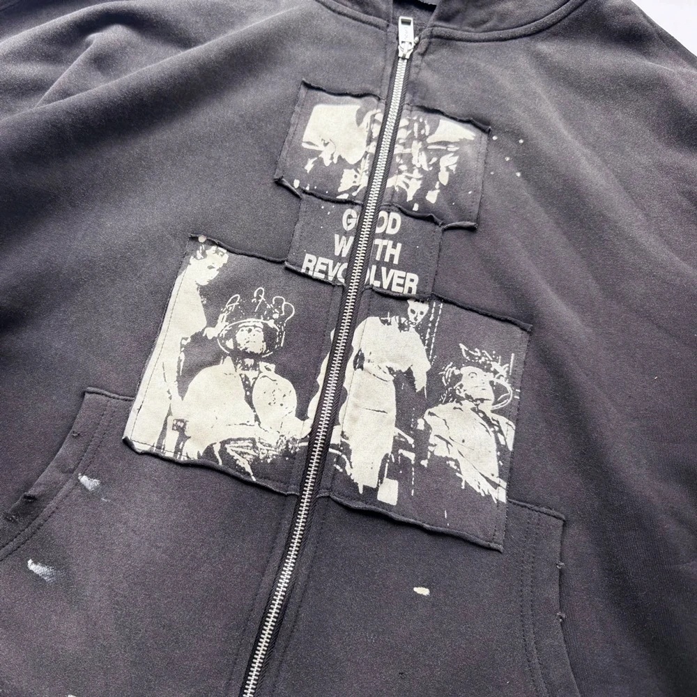 Y2k Streetwear Zip Up Hoodies with Subculture Print Patchwork Hip Hop Street Style Heavy Weight Cotton Distressed Casual Hoodies