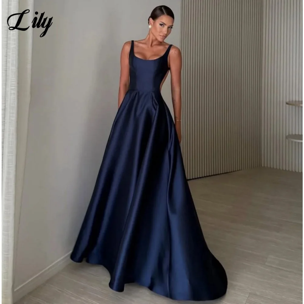 Lily – robe de bal dos nu en Satin bleu marine, bretelles Spaghetti, ligne a plissée, robe de soirée personnalisée
