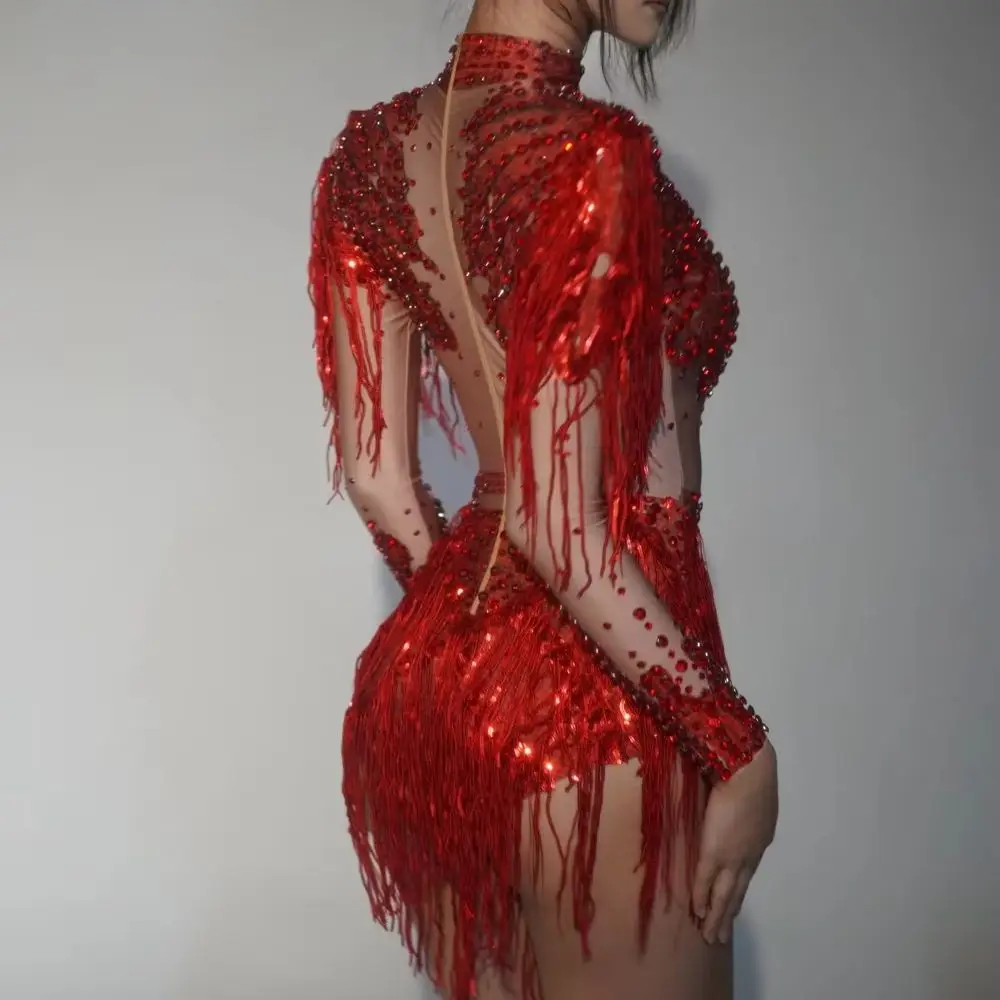 Rhinestones  Bodysuit Performance Dance Costume  Sequins Tassel Women Sexy Singer Dancer Stage Wear Birthday Outfit