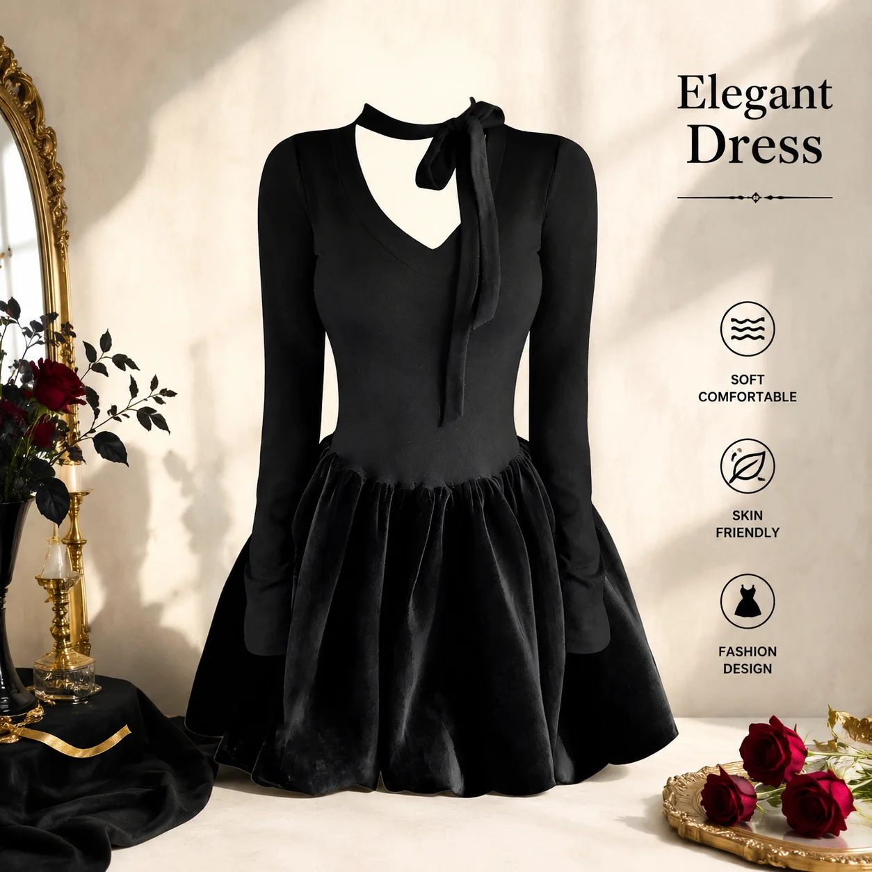 Black Velvet & Knit Patchwork Bubble Hem Dress, Tie-Up Stretchy Party Gown for Birthday