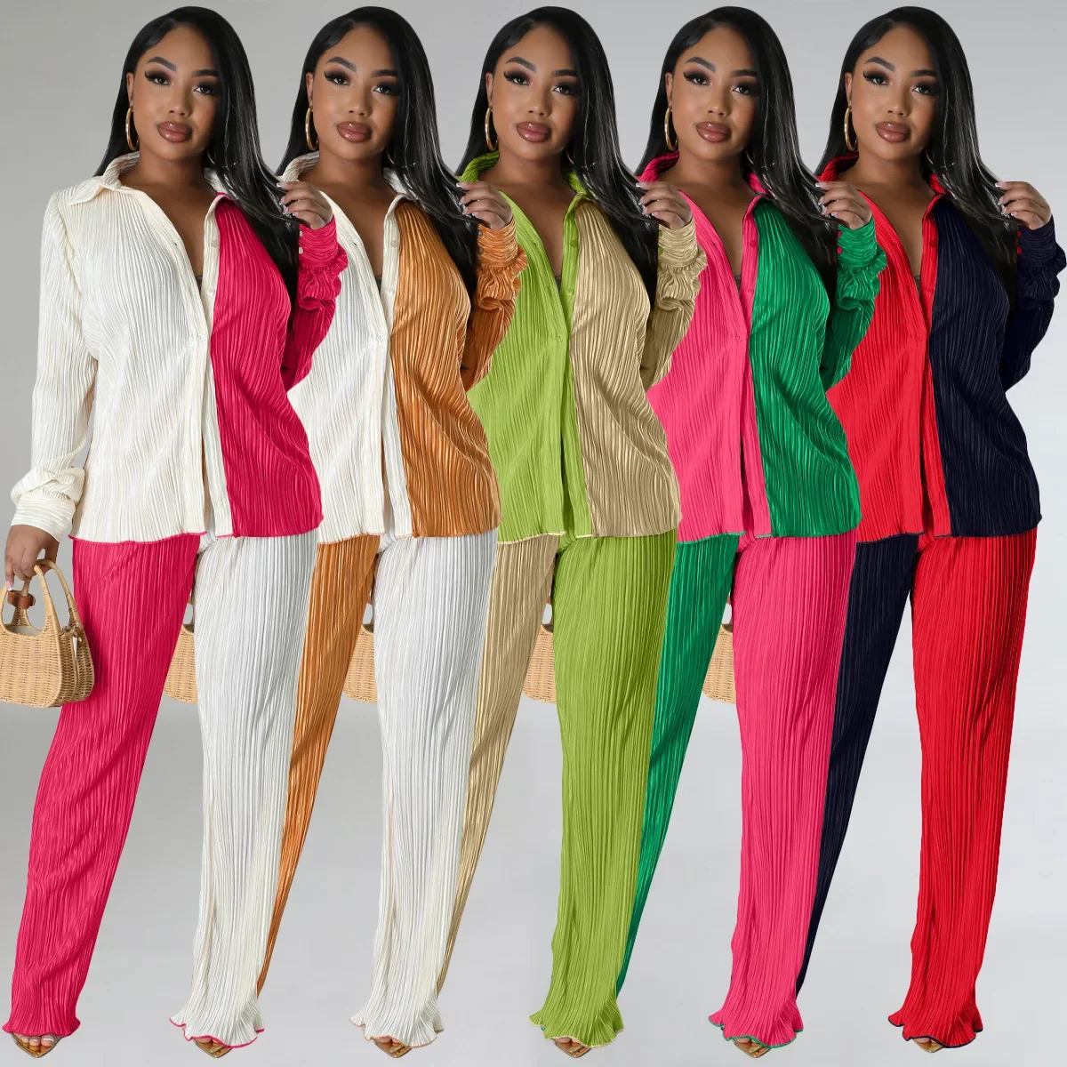 

Blouse And Pant Two Piece Set Outfits 2023 Women Fall Winter Fashion Clothes Elegant Luxury Ladies Pleat 2 Piece Pant Suit Sets