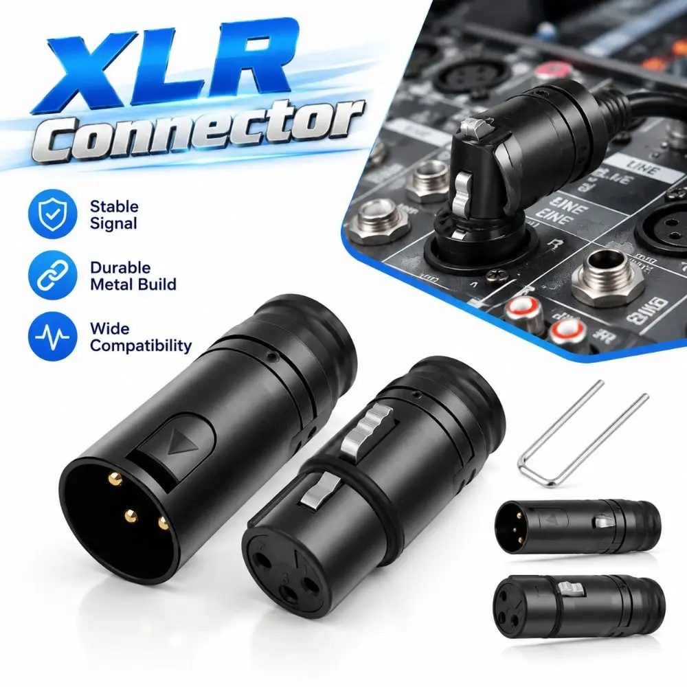 DIY Audio Plug XLR Connector Black Metal Shell Locking Right Angle XLR Adapter Compact Low Profile Gold Plated Contacts