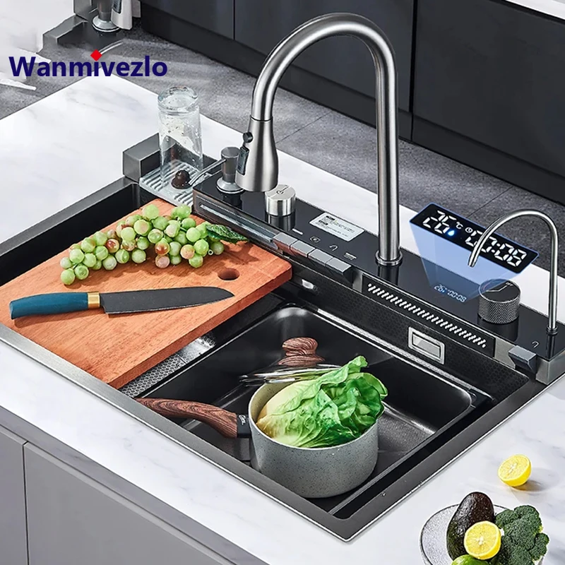 Lavello da cucina a cascata in acciaio inossidabile 304 grande Slot singolo Display digitale integrato rubinetto Set Dispenser di sapone rondella a tazza