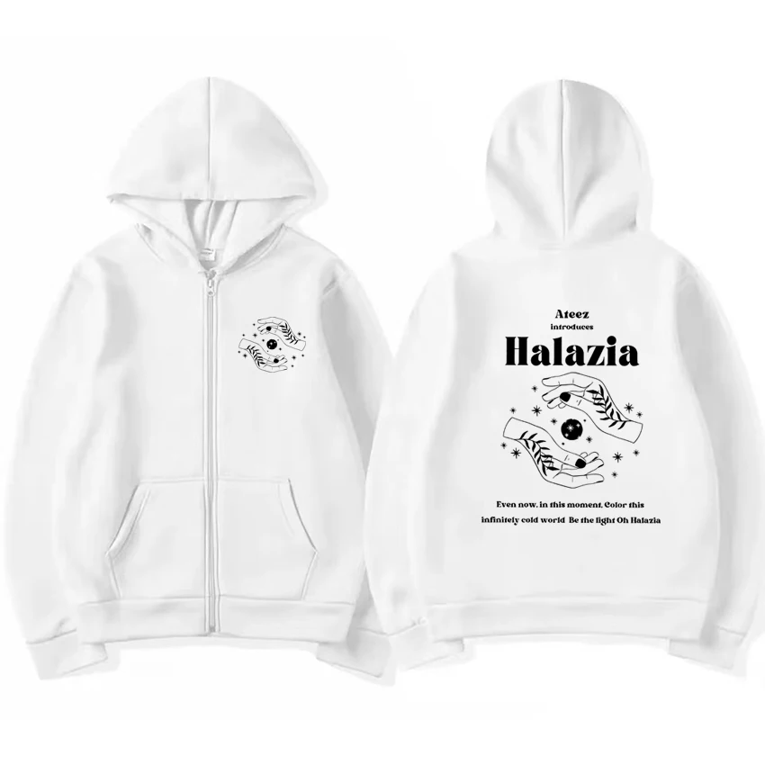 Kpop Ateez Band Halazia dua sisi cetak Hoodie mantel Pria Wanita vintage Y2k ritsleting jaket Unisex hitam bulu domba