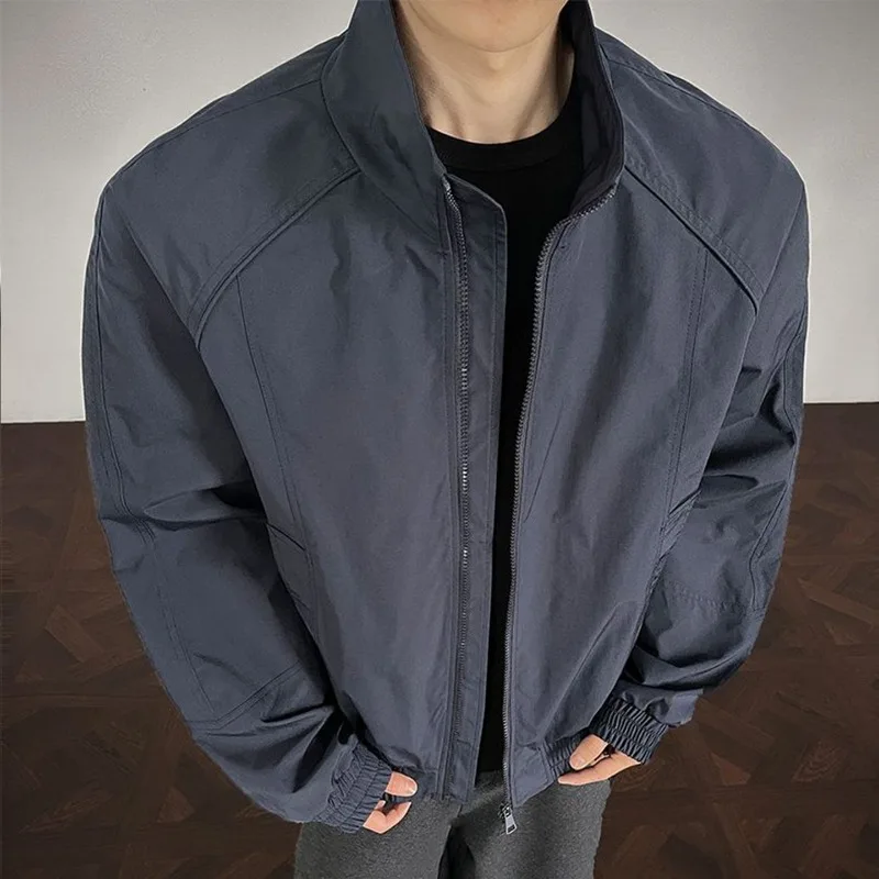 Men's American Retro Stand Collar Jacket Loose Solid Color Casual Workwear Coat Spring Daily Outdoor Outerwear