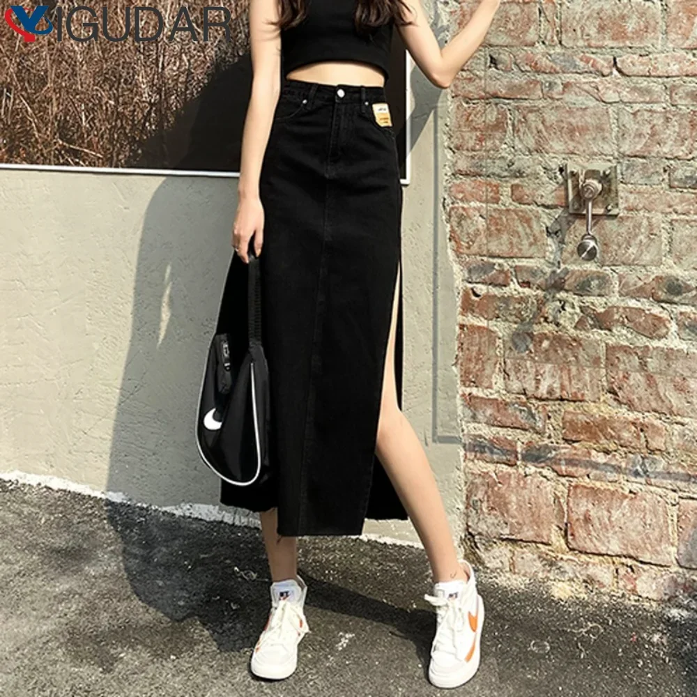 

Джинсовая юбка с высокой талией и боковым разрезом, женская летняя тонкая юбка трапециевидной формы, пикантная юбка до бедра с запахом для девочек, корейская мода, длинные юбки