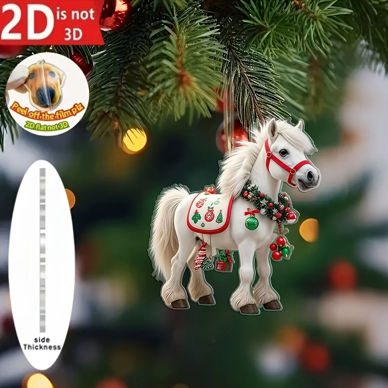 2D Christmas Dashing White Horse Pendant Acrylic Ornament Festive Holiday Decoration for Indoor Outdoor Trees Party Accessories