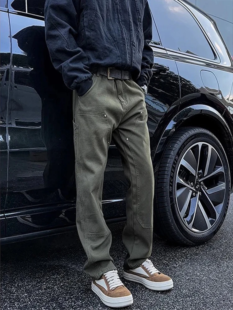 

Мужские рабочие джинсы в стиле милитари, прямые, с заклепками, в американском ретро-стиле, Cleanfit, весна-осень, молодежные, модные, свободного кроя