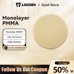 Lodden dental pmma monocamada 98mm para material de laboratório dentário preshade disco de resina monocromática cam/cad vita 16 cores materiais para dentista