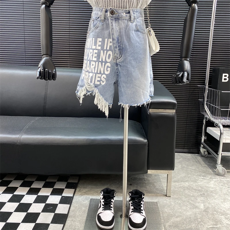 

New fashion Designer new style Famous brand Graffiti letters rough selvedge Denim shorts summer High waist Loose shorts