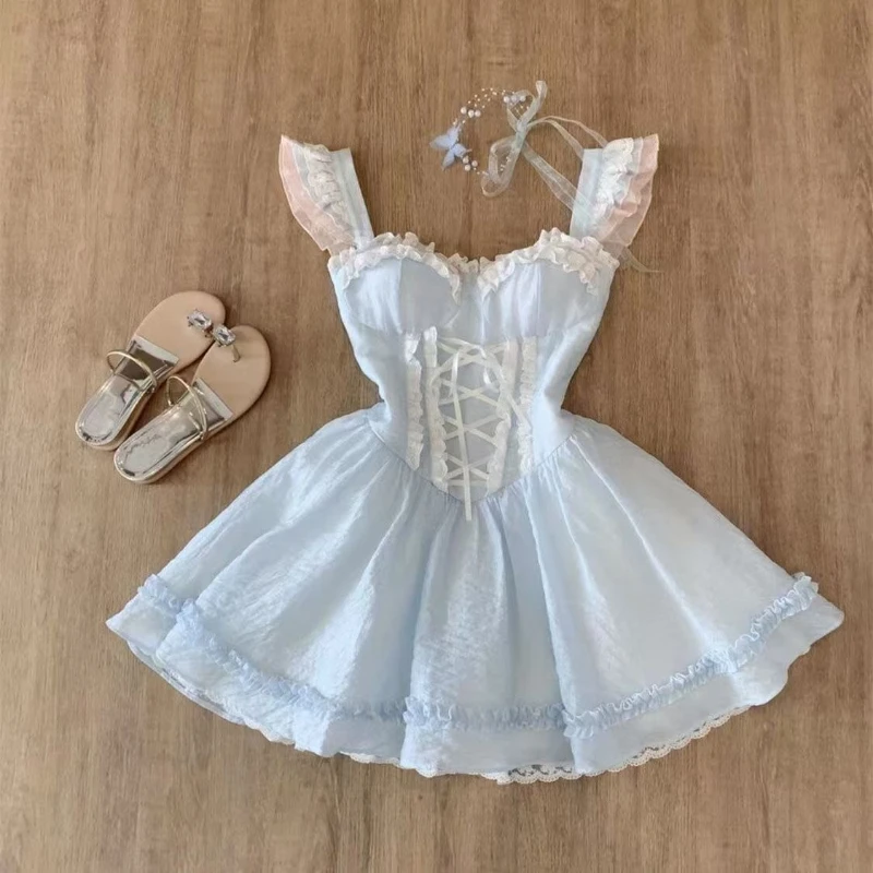 

Summer Sweet Fairy Slim Blue Dress Fashion Design Lace Sling Thin Dresses Girl Elegant Chic Square Neck A-line New Outfits 2025